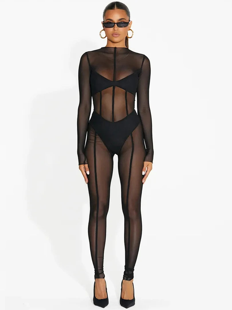 ୨୧⑅*ページ Mesh Long Sleeve Black Zip Up See Through Jumpsuit – Fancey