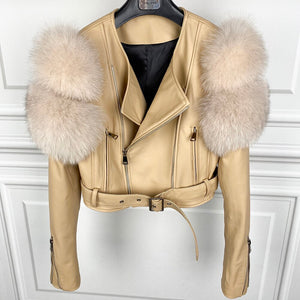 Real Sheep Leather Jacket with Fur Sleeve Lambskin