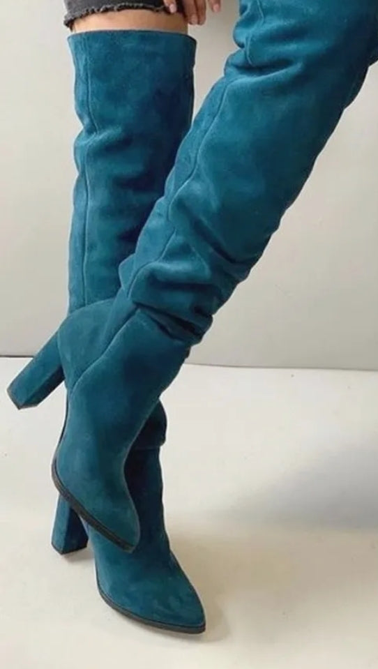 Turquoise Blue Suede  Boots Over-the-knee Slouch