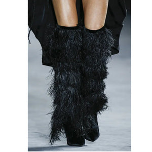 Suede Cross-tied  Ostrich Feather Knee High Boots