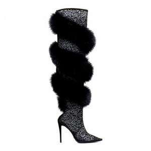 Mesh Thigh High Over The Knee Boots With Fur