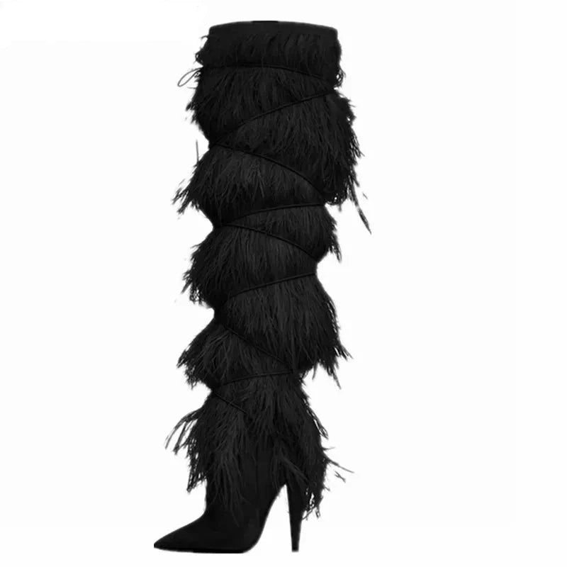 Suede Cross-tied  Ostrich Feather Knee High Boots