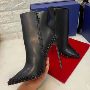 Genuine Leather Black Thin High Heels Ankle Boots For Women Rivets Boots Ladies Shoes Comfortable Pointed Toe