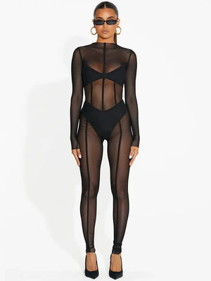 Mesh Long Sleeve Black Zip Up See Through  Jumpsuit