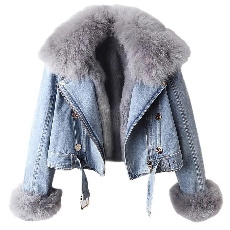 Faux Fox Fur Collar Jean Coat