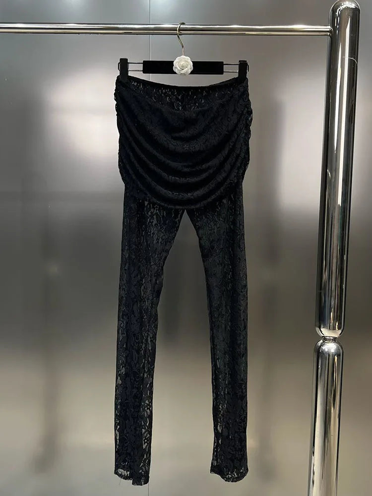 V-neck Long Sleeve Lace Bodysuit High Waist Pants 2pc set
