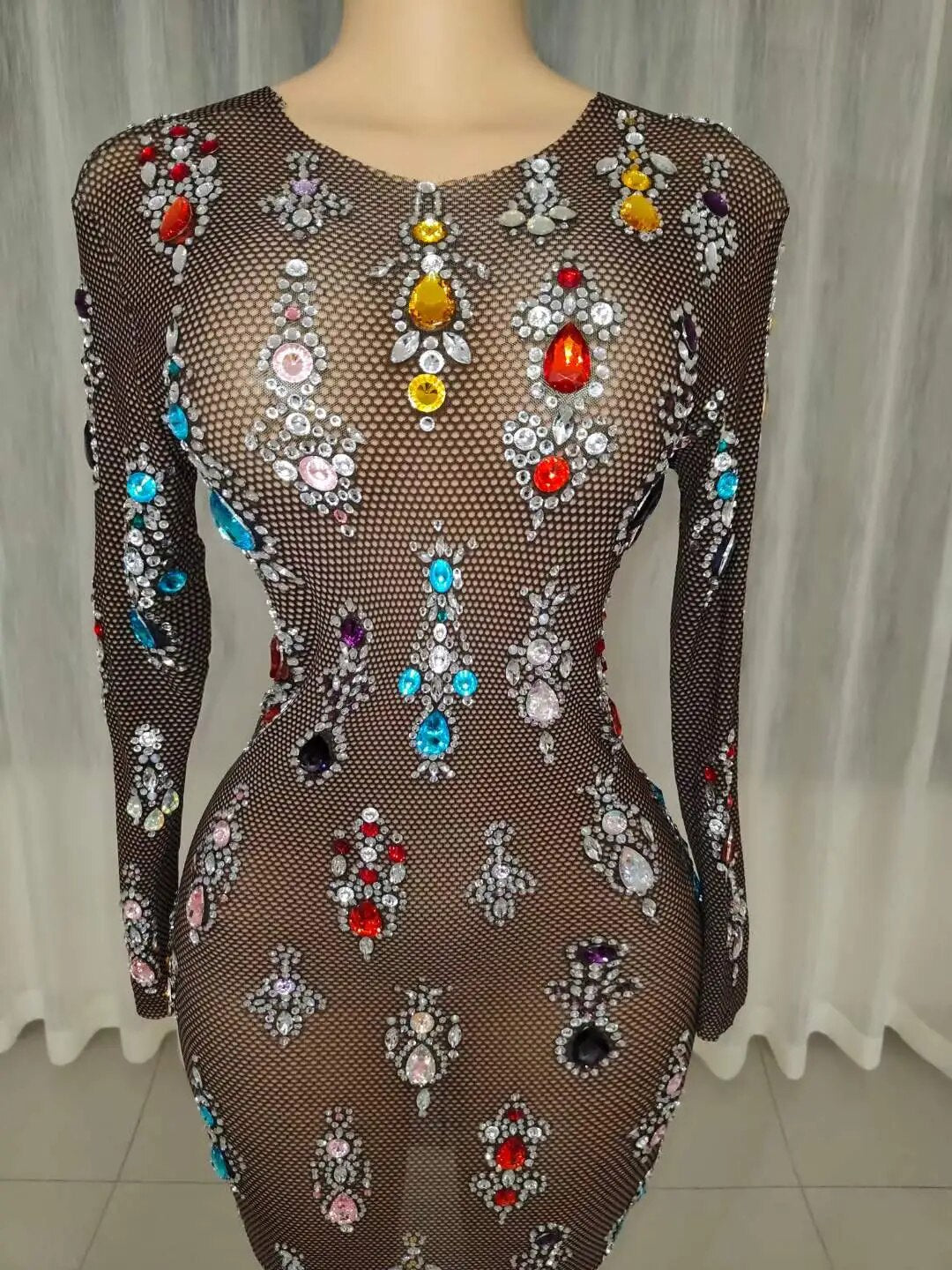 Sparkling Rhinestone Dress Sequin Tassel Stretch