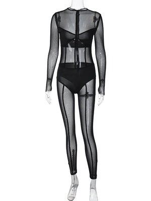 Mesh Long Sleeve Black Zip Up See Through  Jumpsuit