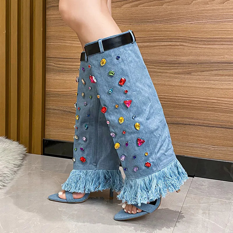 Denim Crystal High Heel Knee Boots