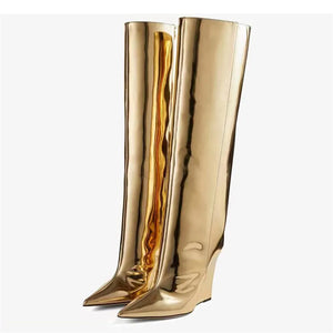 Golden Knee-High Wedge  Pointy Toe High Patent leather boots