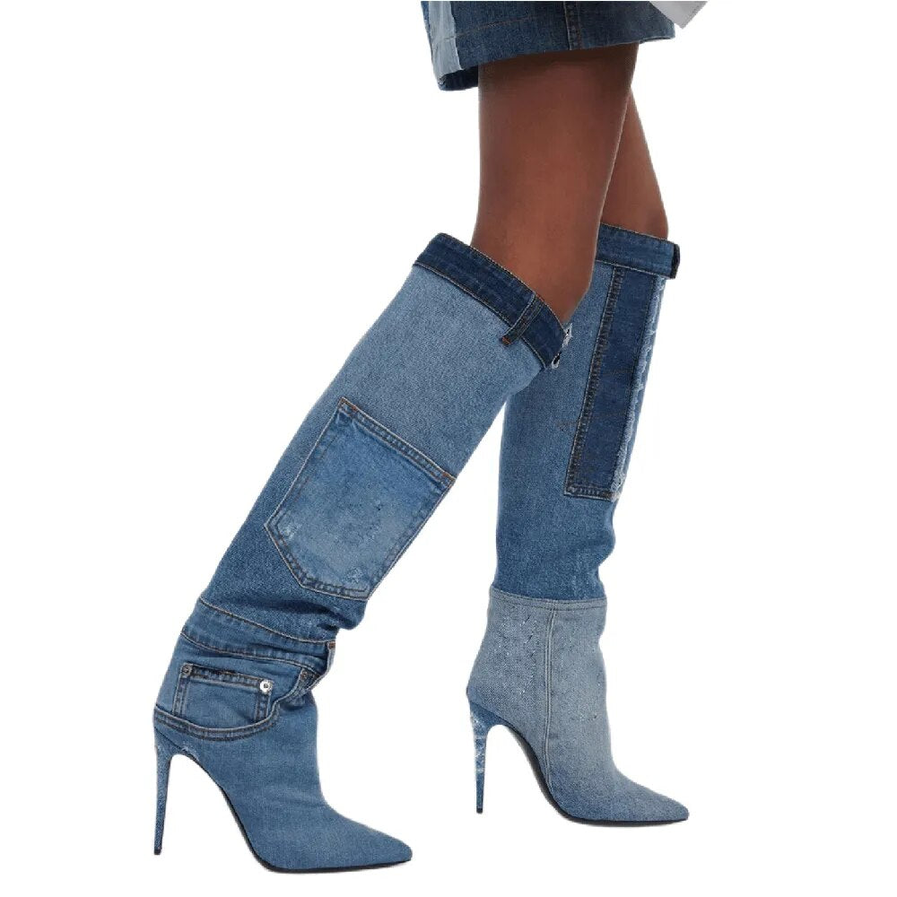 Worn Washed  Denim Cloth Over The Knee Boots  WITH Pockets