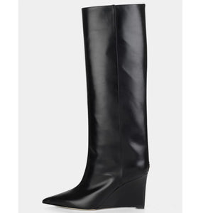 Golden Knee-High Wedge  Pointy Toe High Patent leather boots