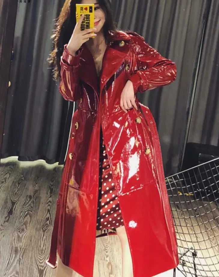 Shiny Faux Leather Trench Coat