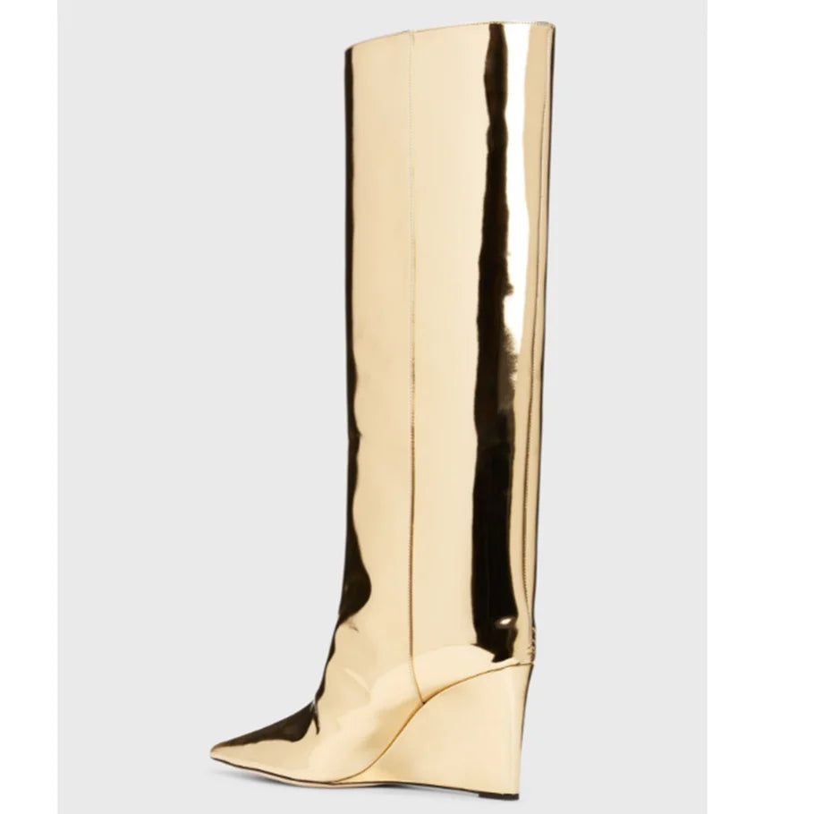 Golden Knee-High Wedge  Pointy Toe High Patent leather boots