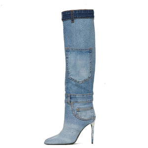 Worn Washed  Denim Cloth Over The Knee Boots  WITH Pockets