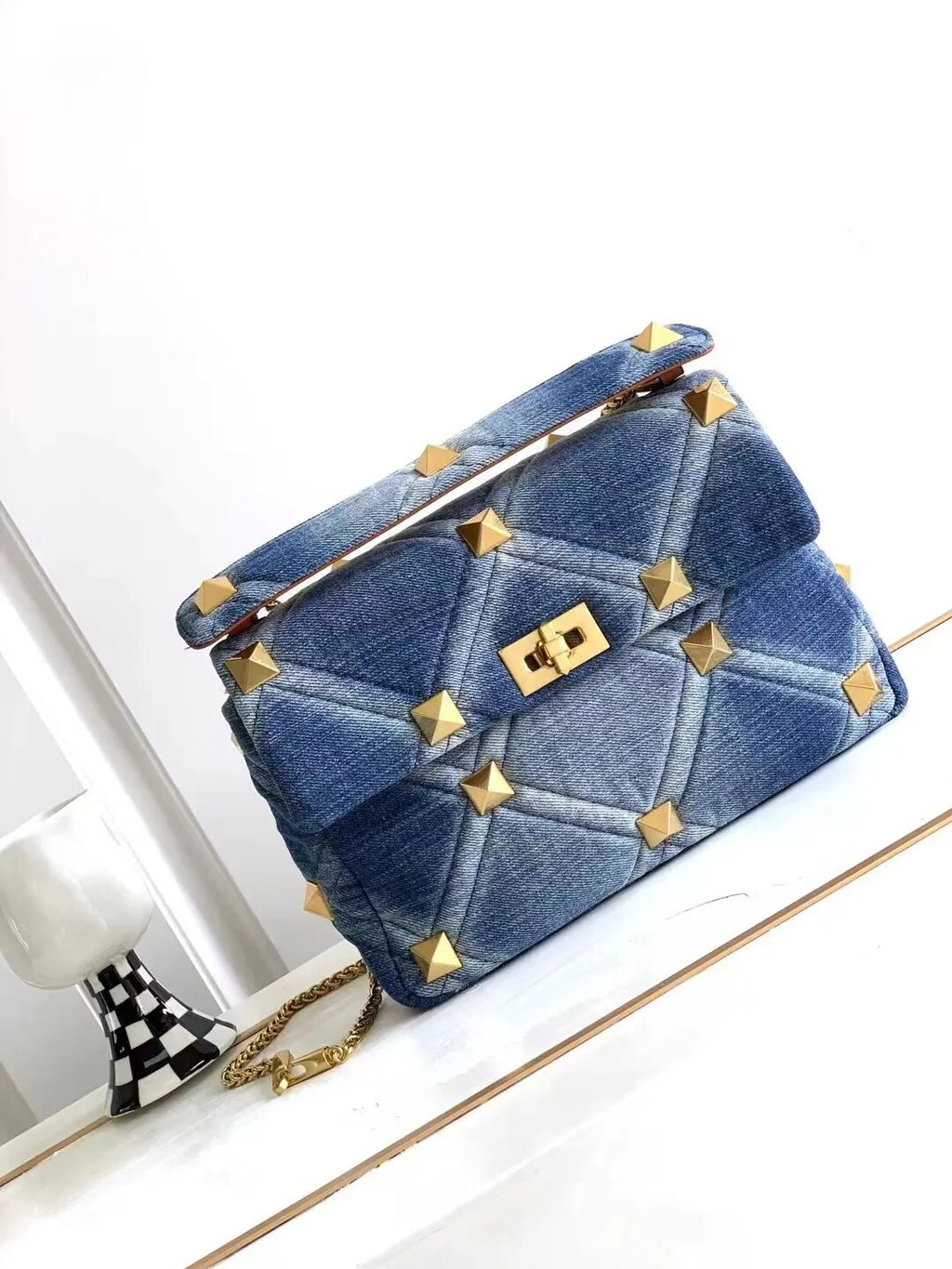 Sue Denim gold Studded Bag