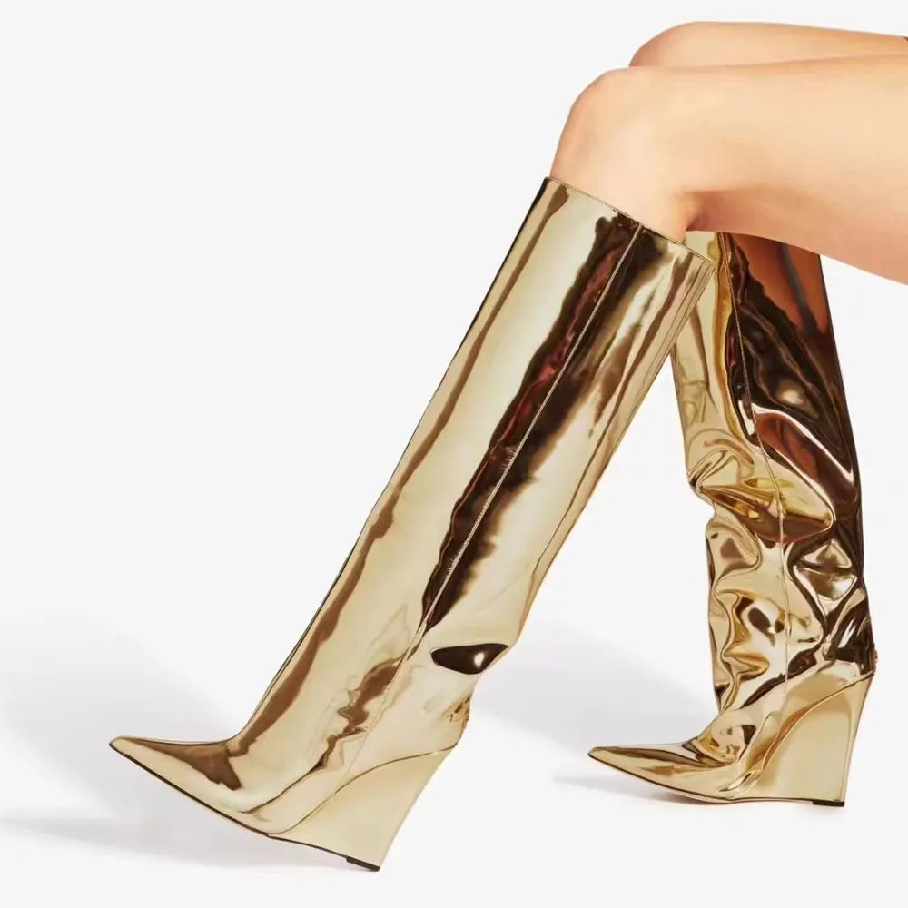 Golden Knee-High Wedge  Pointy Toe High Patent leather boots