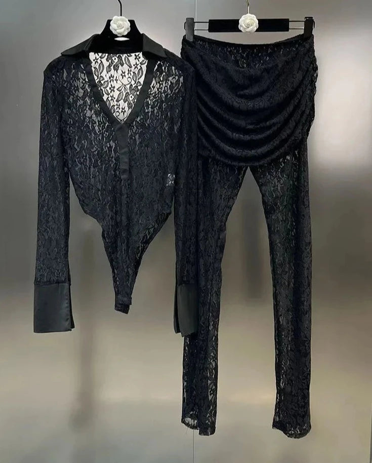 V-neck Long Sleeve Lace Bodysuit High Waist Pants 2pc set