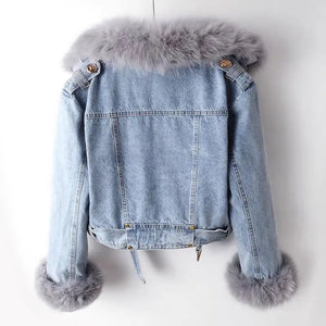 Faux Fox Fur Collar Jean Coat