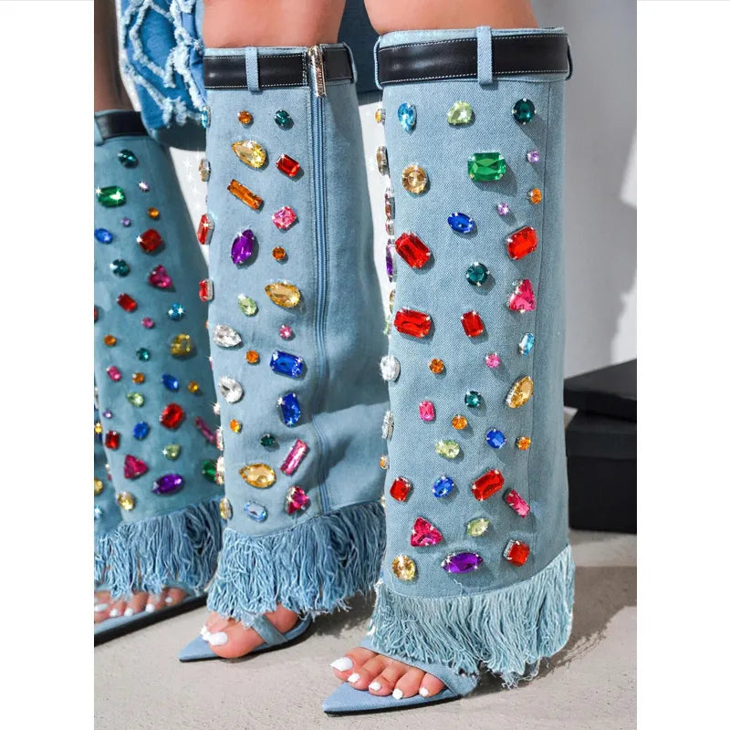 Denim Crystal High Heel Knee Boots