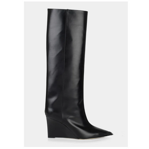 Golden Knee-High Wedge  Pointy Toe High Patent leather boots