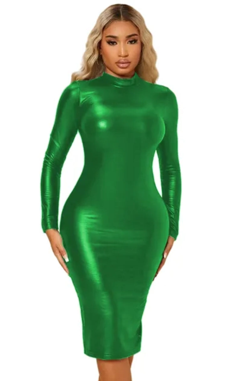 Metallic Stretchy Knee Length Crew Neck Patent Leather Dress