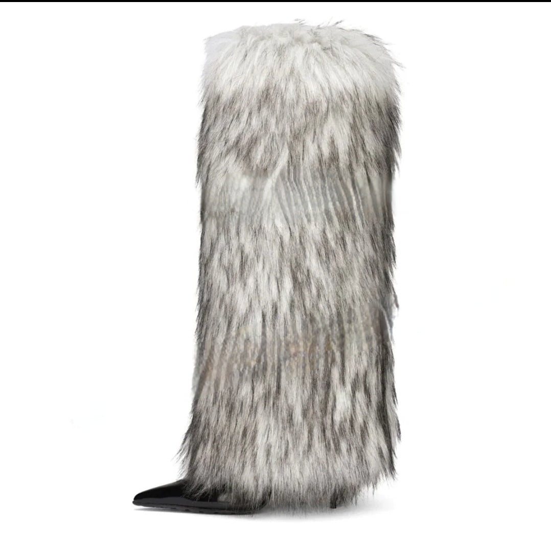 Jazz Pointy Toe Fur  Patent Leather Knee High Boots