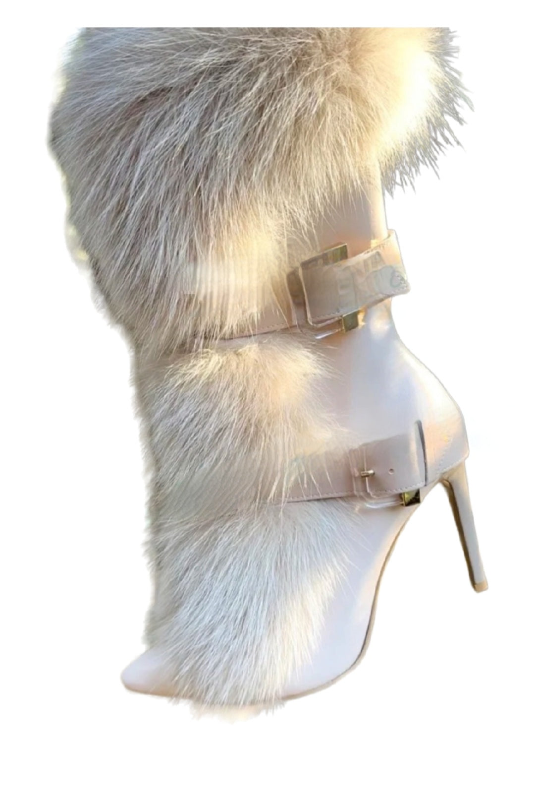 Jasmine Ankle Real Beige Fur Mid-calf Boots with Belt Buckles