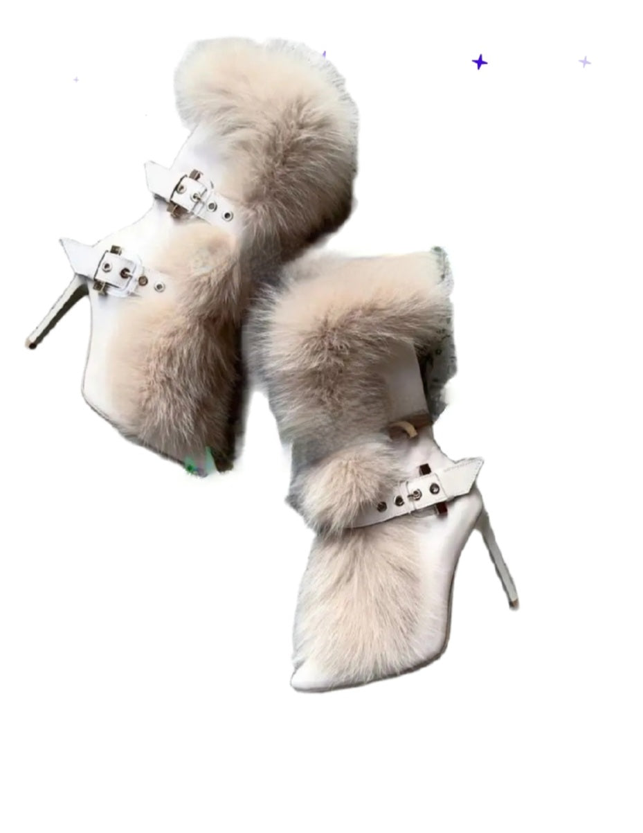 Jasmine Ankle Real Beige Fur Mid-calf Boots with Belt Buckles