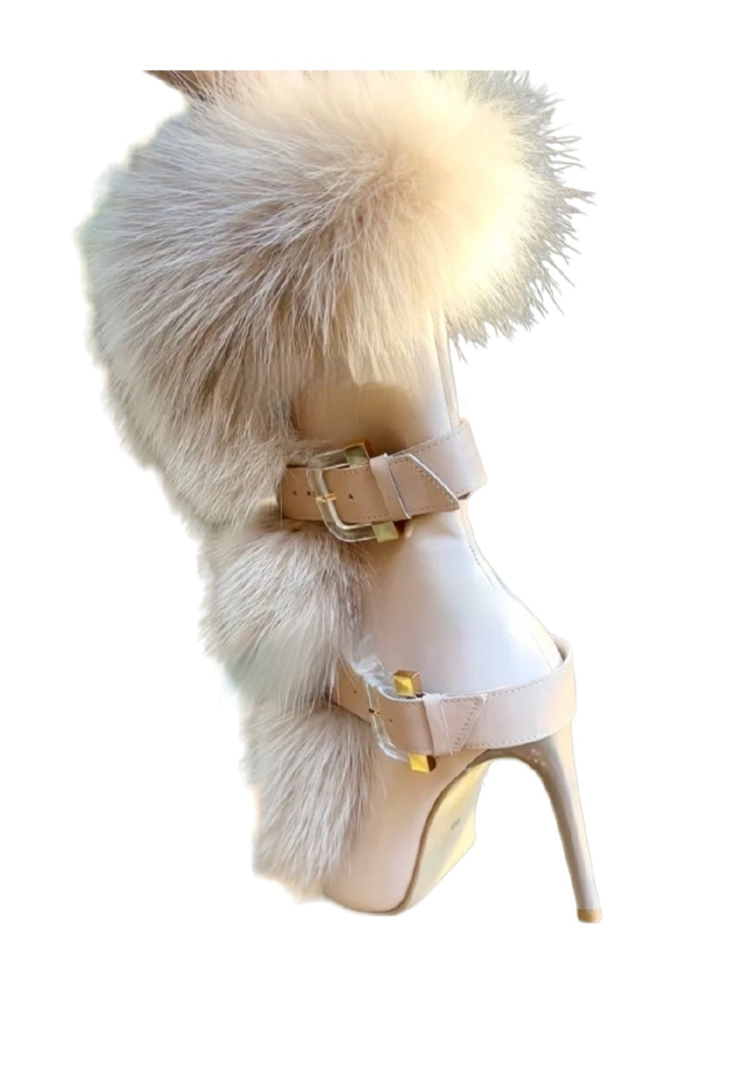 Jasmine Ankle Real Beige Fur Mid-calf Boots with Belt Buckles