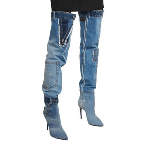 Worn Washed  Denim Cloth Over The Knee Boots  WITH Pockets