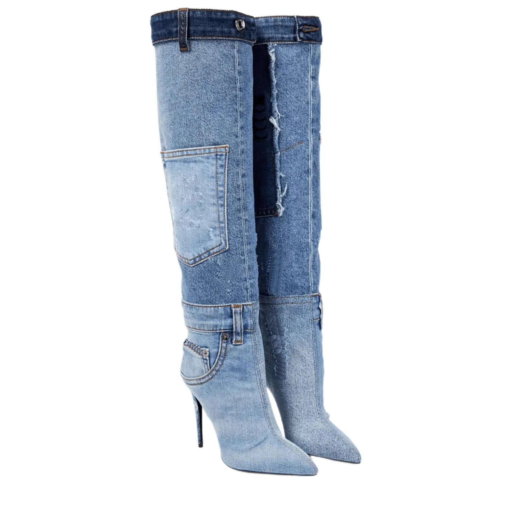 Worn Washed  Denim Cloth Over The Knee Boots  WITH Pockets