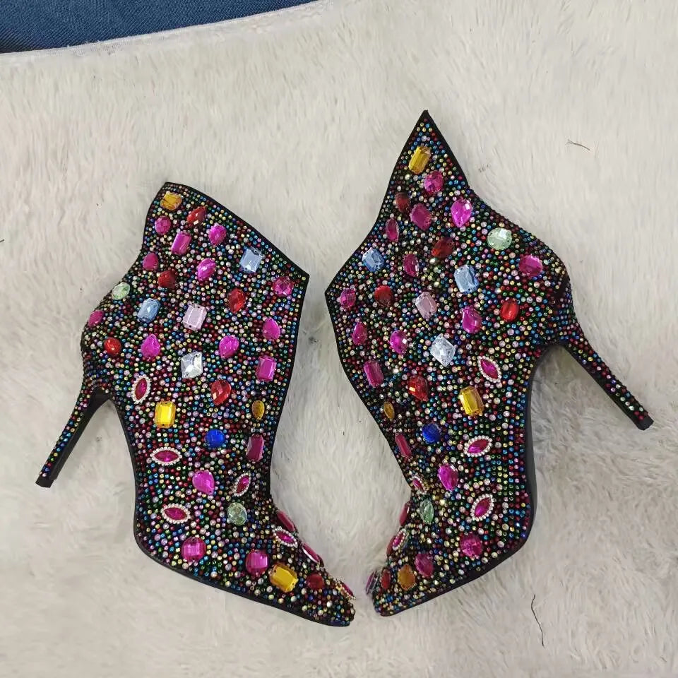 Rhinestone  Kara Multi-color Crystal Ankle Boots Pointed