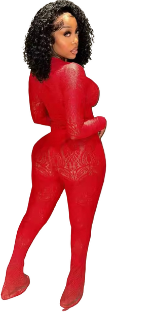 Sexy Red lace see through long sleeve bodysuit and flared pants