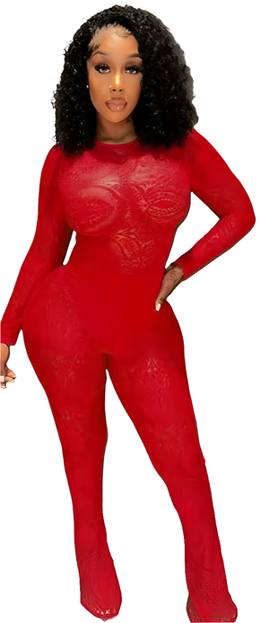 Sexy Red lace see through long sleeve bodysuit and flared pants