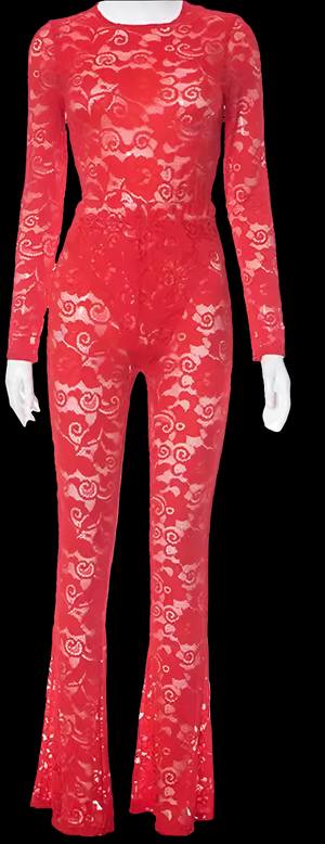 Sexy Red lace see through long sleeve bodysuit and flared pants