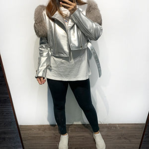 Real Sheep Leather Jacket with Fur Sleeve Lambskin