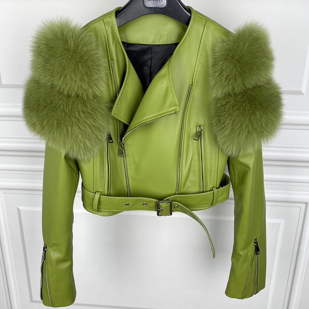 Real Sheep Leather Jacket with Fur Sleeve Lambskin
