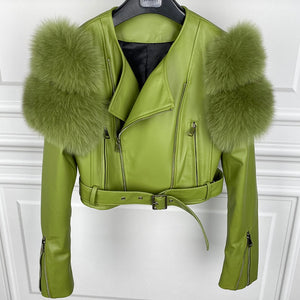 Real Sheep Leather Jacket with Fur Sleeve Lambskin