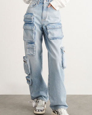 Denim High Waist Loose  Pockets Jeans