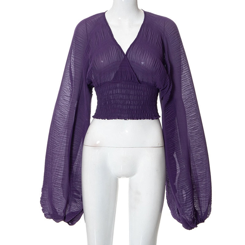 Long Sleeve See Through V Neck Purple Crop Top