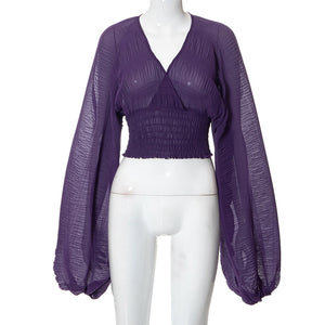 Long Sleeve See Through V Neck Purple Crop Top