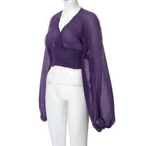 Long Sleeve See Through V Neck Purple Crop Top