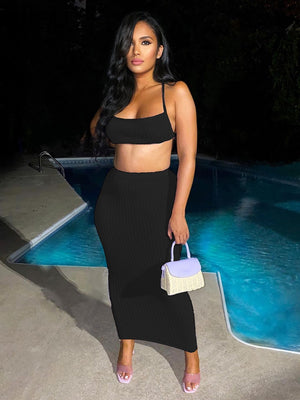 Knitted 2 Piece Set  Halter Lace Up Tops & Maxi Skirt