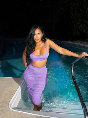 Knitted 2 Piece Set  Halter Lace Up Tops & Maxi Skirt