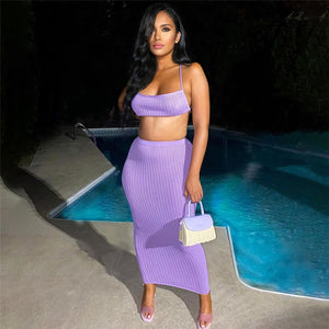Knitted 2 Piece Set  Halter Lace Up Tops & Maxi Skirt