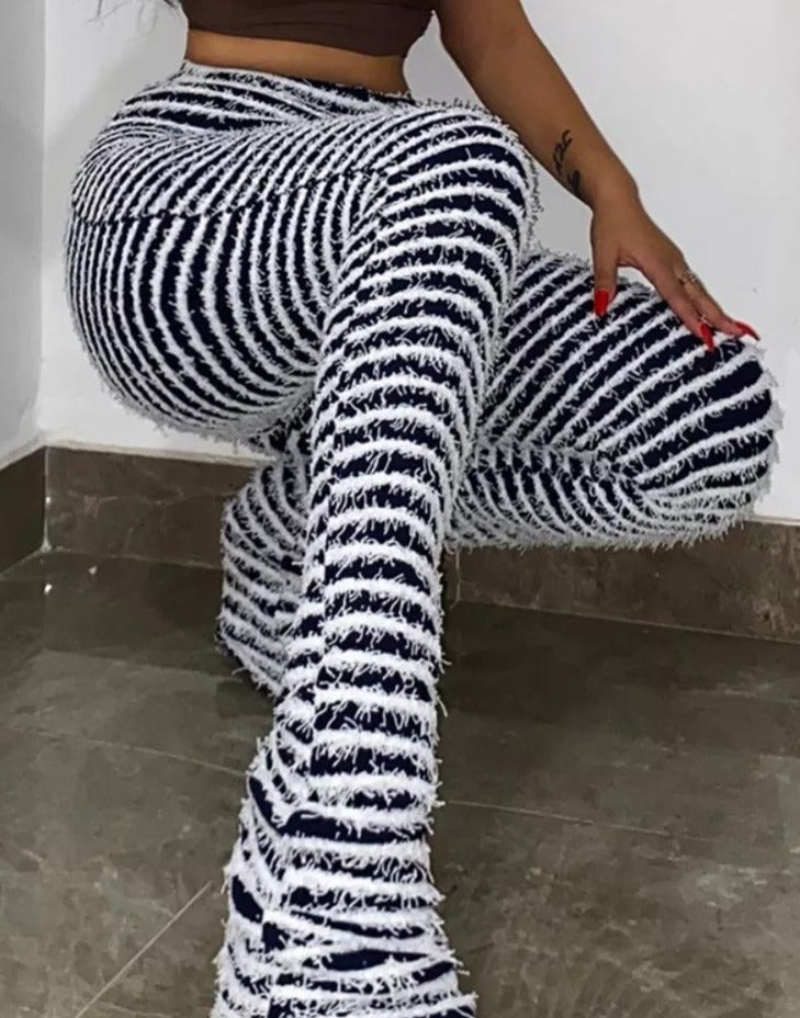 Zebra  Striped Knitted Stacked Black White pants