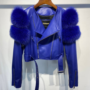 Real Sheep Leather Jacket with Fur Sleeve Lambskin
