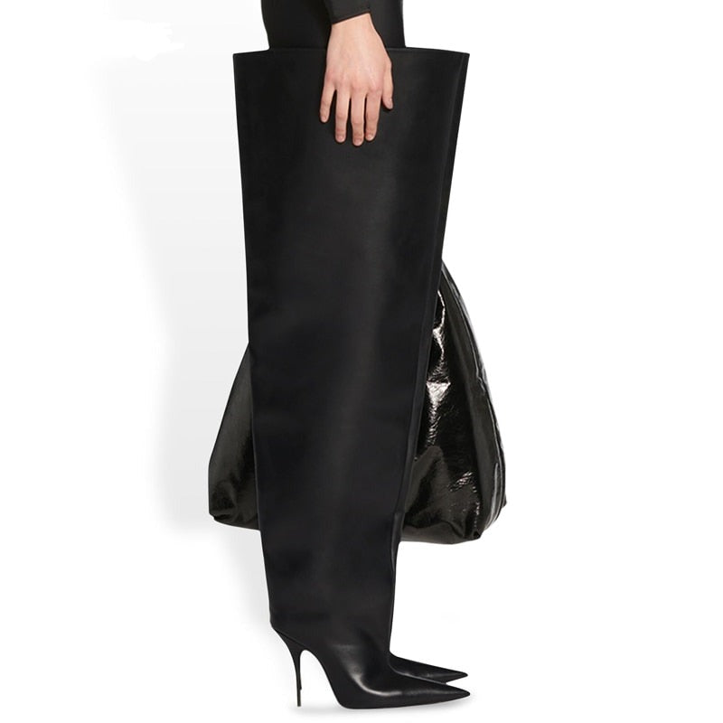 Black Big Calf Over-the-knee Boots Pointed Toe Thin Heels