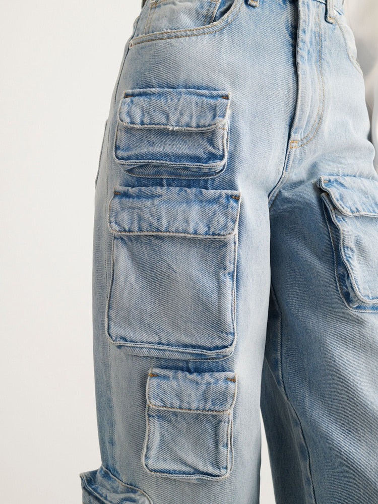 Denim High Waist Loose  Pockets Jeans